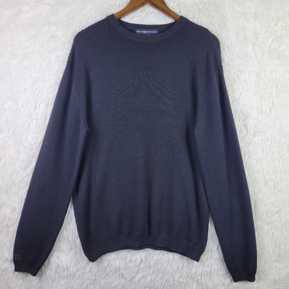 ExOfficio‎ Mens L Black Merino Wool Blend Sweater Ribbed Casual Sporty